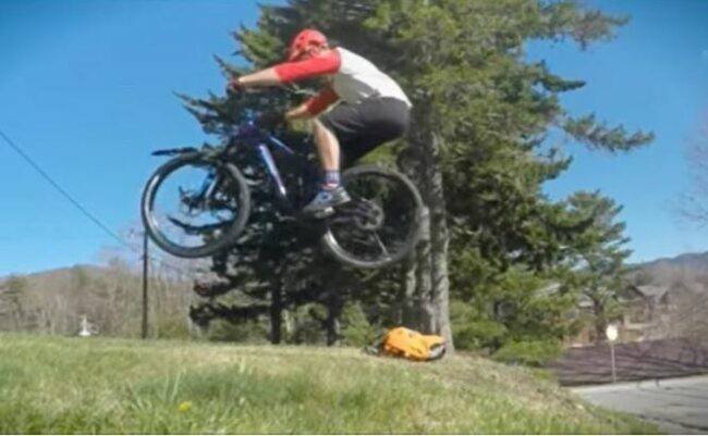 A beginner practice bunny hop as feature image for mountain bike riding videos