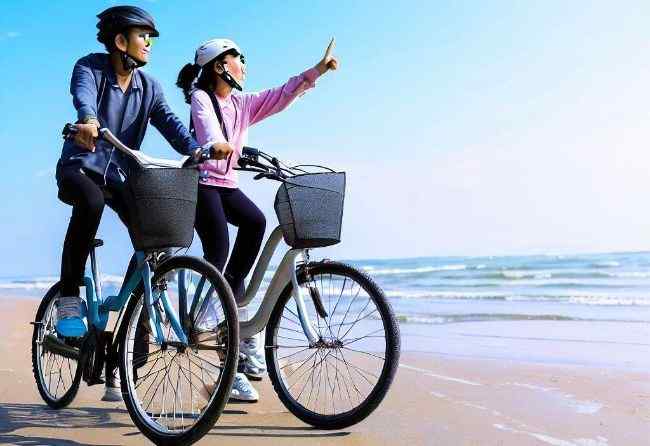 A couple happily cycling on the beach facing a gentle headwind.