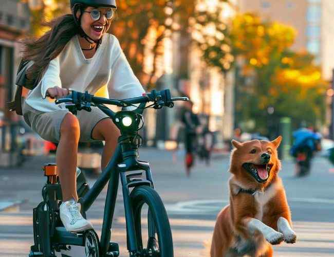 A dog chasing a woman riding step-thru e-bike in the city.