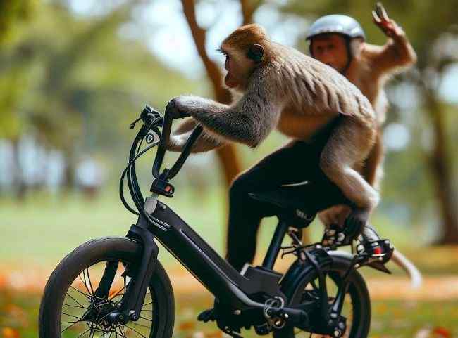 A monkey riding a stolen e-bike in the park to get powered by the e-bike battery.