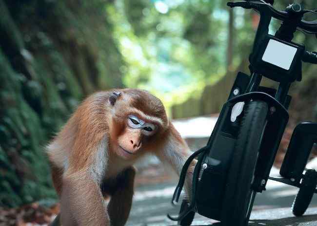 A monkey looks helplessly at the break electric bike uphills.