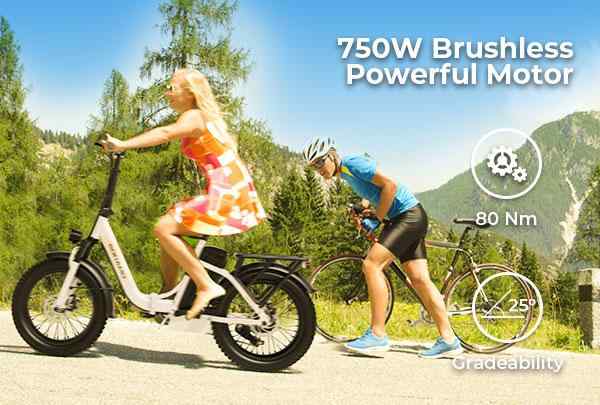 SOHAMO S3 foldable step-thru e-bike with 750W geared hub motor making climb hills easier.